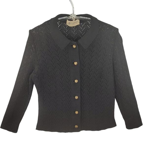 Kimberly Black Open-Knit Brass Button Long Sleeve Cardigan – Chic Vintage Layer - Picture 1 of 12
